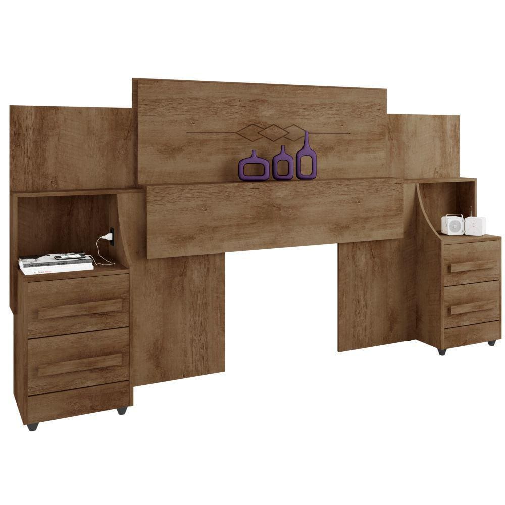 Cabeceira para cama box Casal/Queen/King RV Móveis com 02 mesas de cabeceira com tomada - Freijó