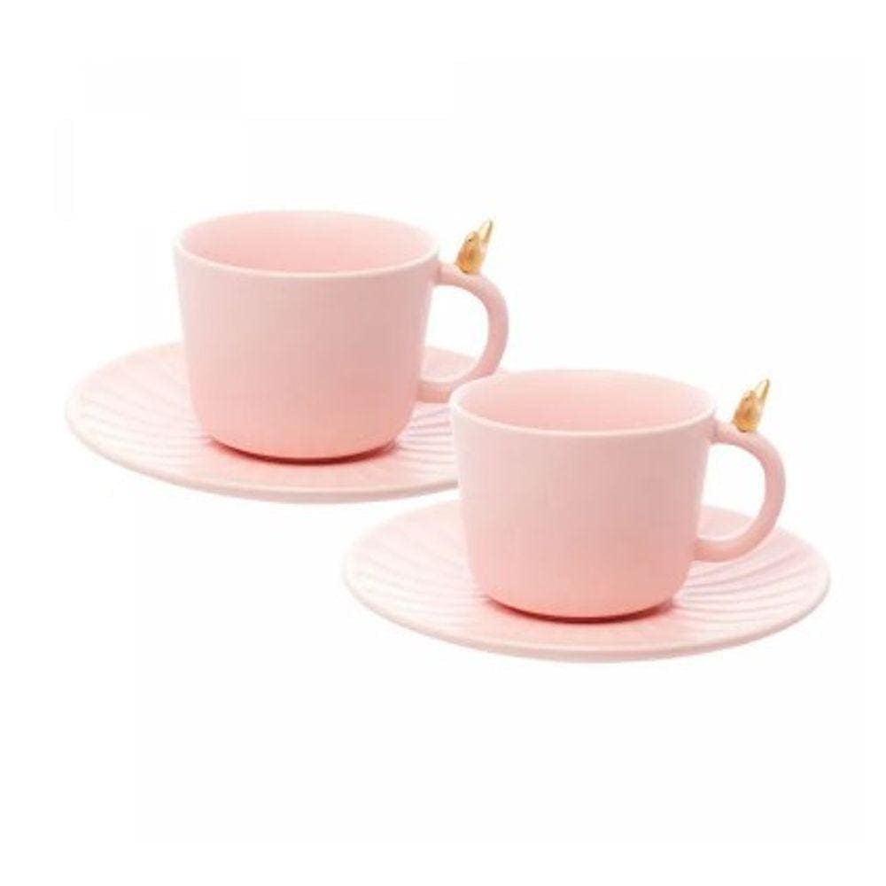 Conjunto 2 Xícaras de Chá de Cerâmica com Pires Colibri Rosa 170ml - Wolff