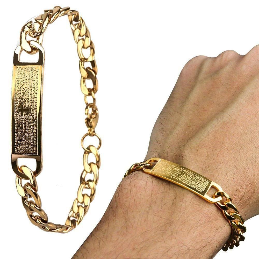 Pulseira Masculina Dourada Ouro Oração Pai Nosso Ajustavel