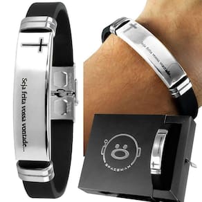 Pulseira Masculina Prata Placa Aço Inox Pai Nosso Silicone + Caixa Moda Masculina