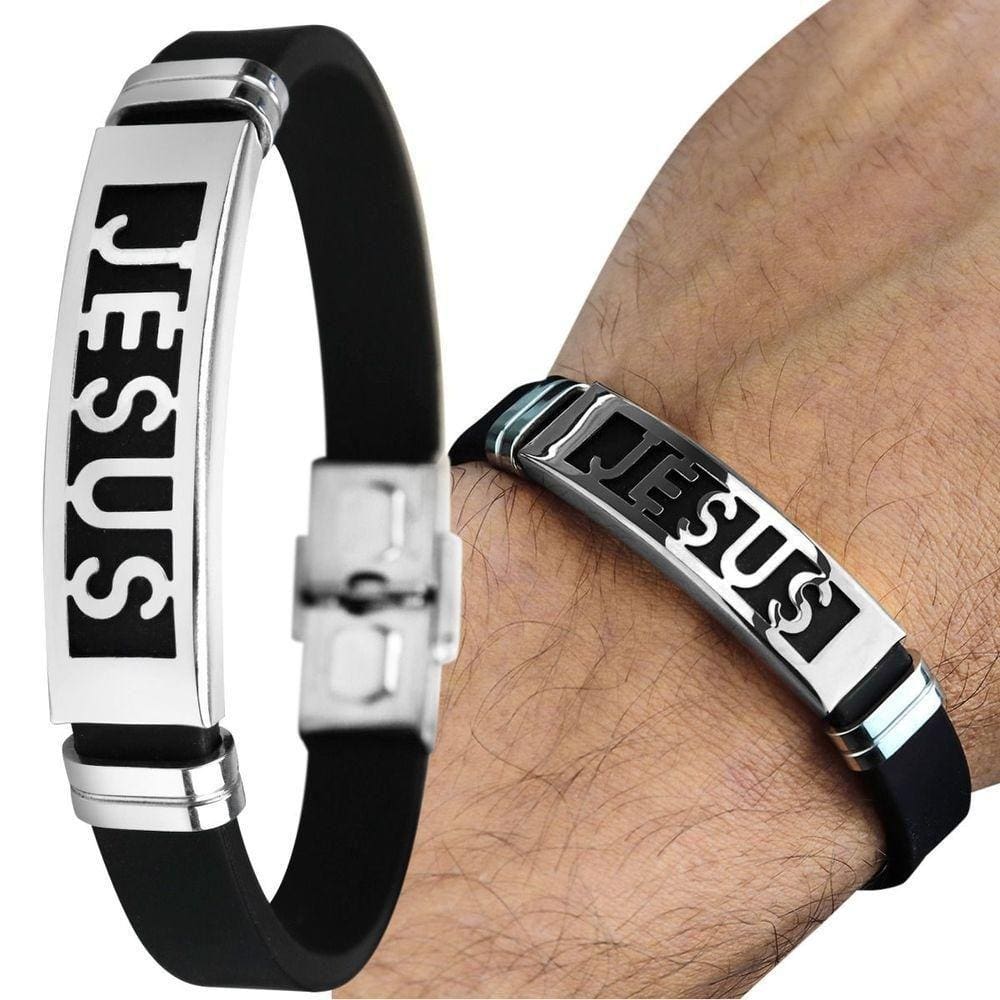 Pulseira Masculina Jesus Cristo Placa + Aço Inoxidável Casual Social Silicone Ajustavel