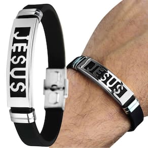 Pulseira Masculina Jesus Cristo Placa + Aço Inoxidável Casual Social Silicone Ajustavel