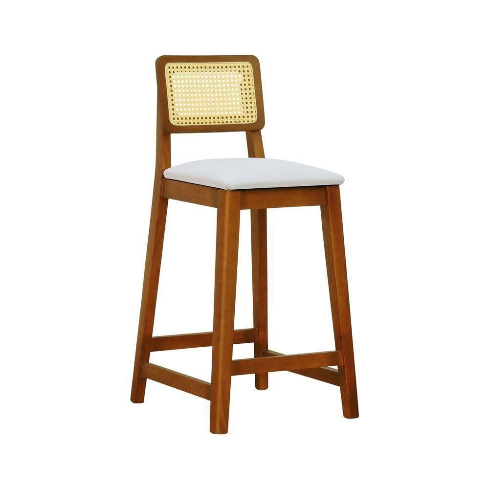 Banqueta Gabi Madeira Maciça Encosto Telinha C- 68cm Altura - Amêndoa Assento Estofado Linho Bege