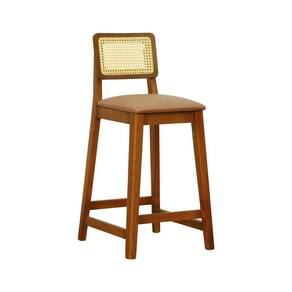 Banqueta Gabi Madeira Maciça Encosto Telinha C- 68cm Altura - Amêndoa Assento Estofado Corano Caramelo