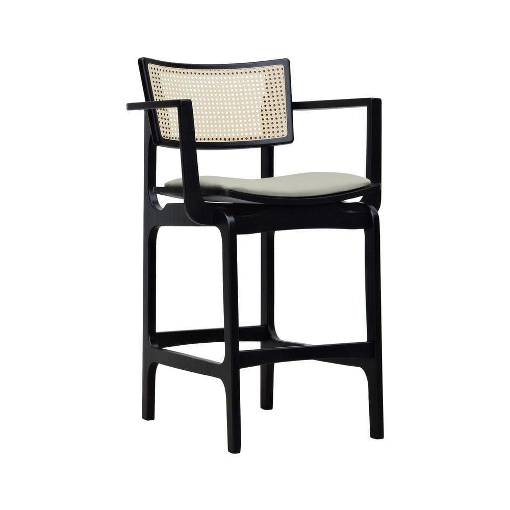 Banqueta Alta Bistrô Apollo Com Braços Encosto Telinha Natural E Assento Anatômico - Preto Estofado Linho Bege