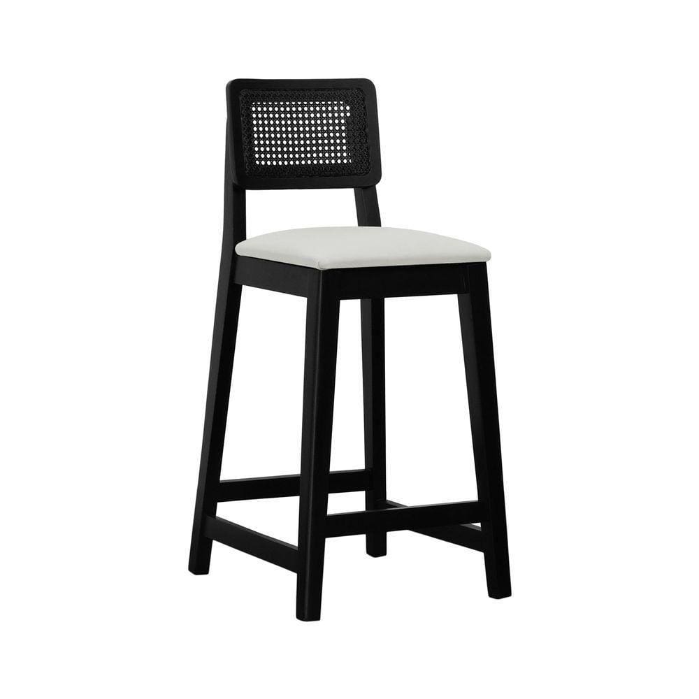 Banqueta Gabi Madeira Maciça Encosto C- Telinha C- 68cm Altura - Preto Assento Estofado Linho Bege