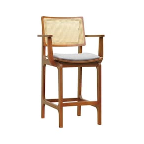 Banqueta Alta Bistrô Gus C- Braços - Amêndoa Estofado Linho Bege Mescla Impermeável