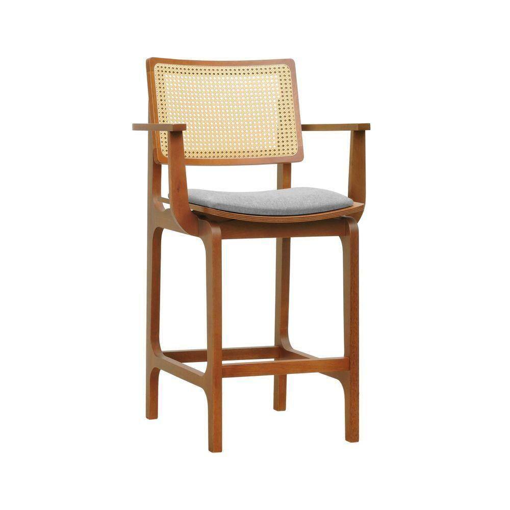 Banqueta Alta Bistrô Gus C- Braços - Amêndoa Estofado Linho Cinza Mescla Impermeável