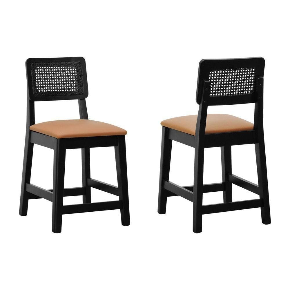 Kit 2 Banquetas Madeira Maciça Assento Estofado Preto Assento Estofado Corano Caramelo