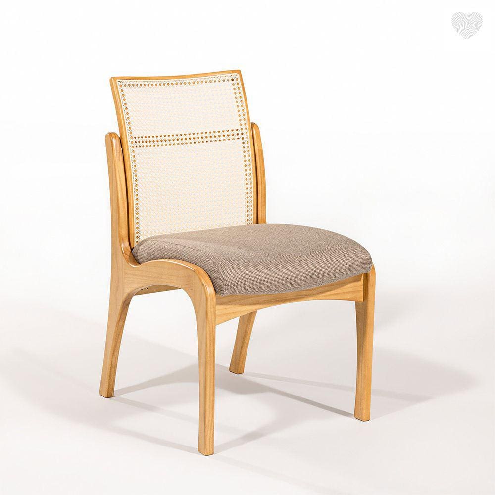 Cadeira para Mesa de Jantar Lisboa Encosto Rattan Madeira Mel Linho Marrom Claro L87