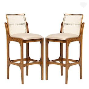 Kit 2 Banquetas para Cozinha Americana Lisboa Encosto Rattan Madeira Imbuia Linho Bege M58
