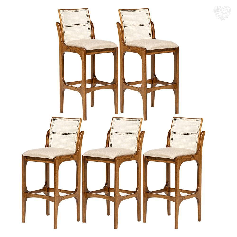 Kit 5 Banquetas Alta para Balcão Lisboa Encosto Rattan Madeira Imbuia Linho Bege M58