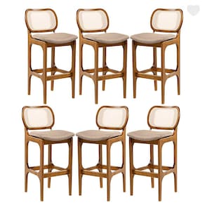 Kit 6 Banquetas para Área Gourmet Decor Encosto Rattan Madeira Imbuia Linho Marrom L87