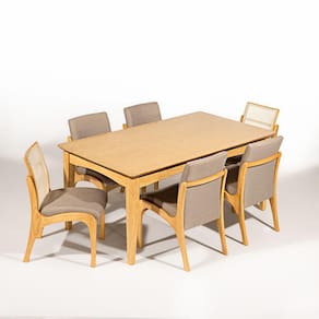 Kit Mesa de Jantar Retangular Lisboa 6 Cadeiras Rattan Madeira Mel Linho Marrom L87
