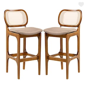 Kit 2 Banquetas para Cozinha Americana Decor Encosto Rattan Madeira Imbuia Linho Marrom L87