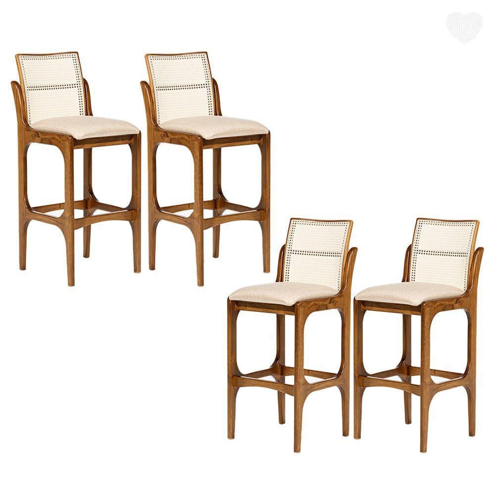 Kit 4 Banquetas Alta para Bancada Lisboa Encosto Rattan Madeira Imbuia Linho Bege M58