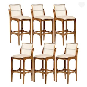 Kit 6 Banquetas para Área Gourmet Lisboa Encosto Rattan Madeira Imbuia Linho Bege M58