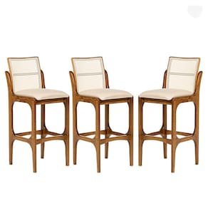 Kit 3 Banquetas Alta com Encosto Lisboa Encosto Rattan Madeira Imbuia Linho Bege M58