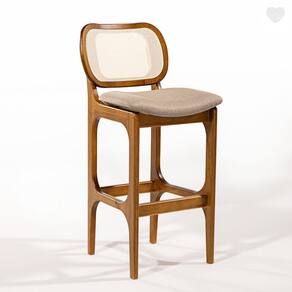Banqueta Alta para Cozinha Decor Encosto Rattan Madeira Imbuia Linho Marrom L87