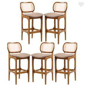 Kit 5 Banquetas Alta para Balcão Decor Madeira Imbuia Encosto Rattan Linho Marrom L87