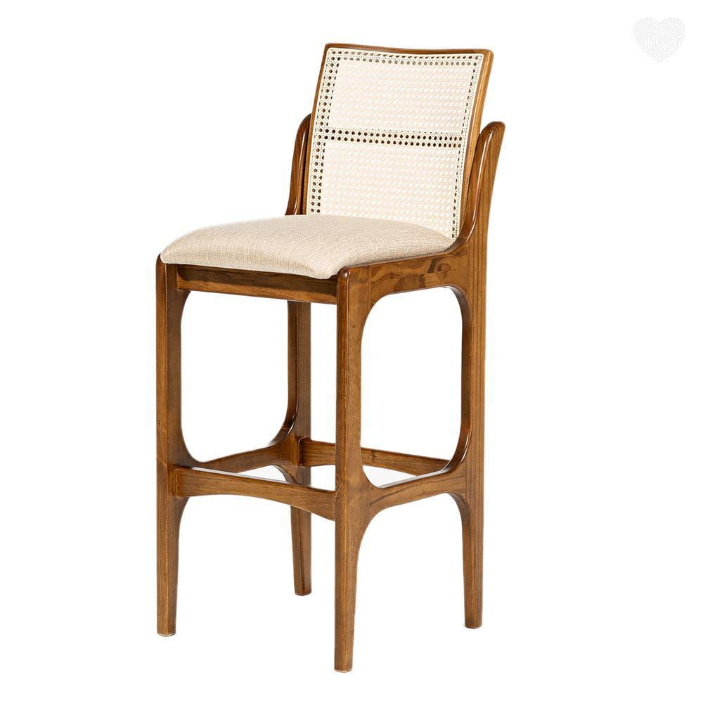 Banqueta Alta para Cozinha Lisboa Encosto Rattan Madeira Imbuia Linho Bege M58