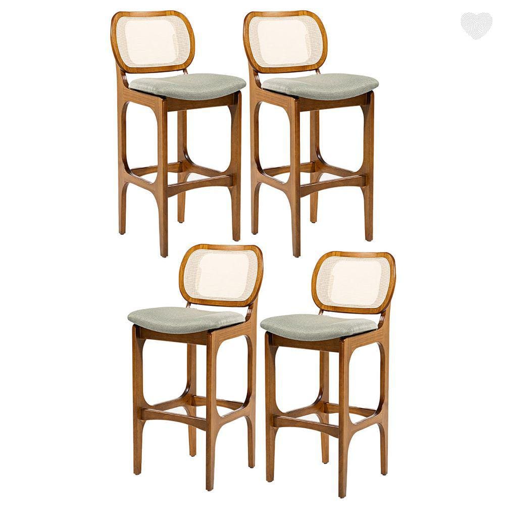 Kit 4 Banquetas Alta para Bancada Decor Encosto Rattan Madeira Imbuia Linho Linho Verde L84