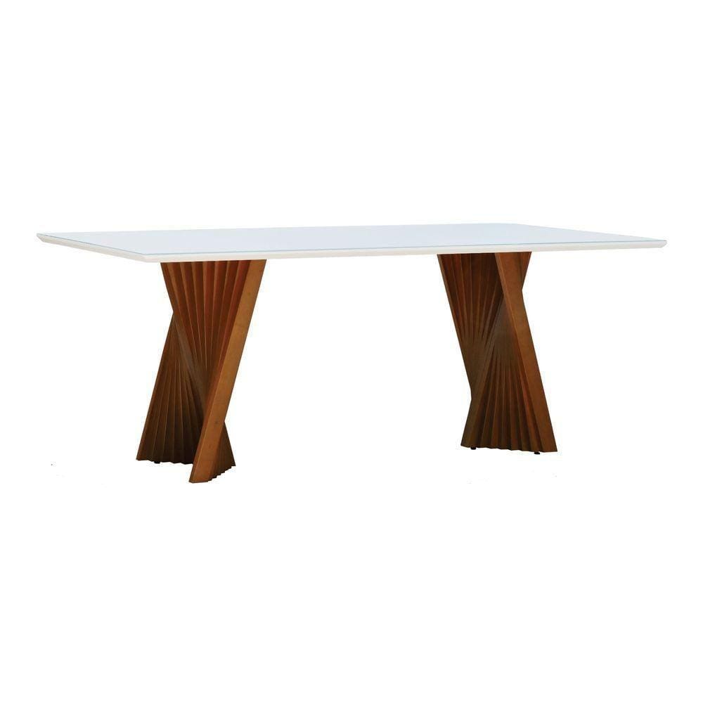 Mesa De Jantar Gus 180x100cm Tampo Mdf Laqueado Com Vidro - Amêndoa Off White