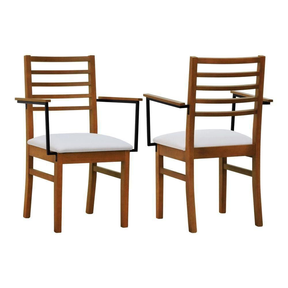 Kit 2 Cadeiras Tiê Madeira Maciça Encosto Ripado C-braço Metal - Amêndoa Assento Estofado Linho Bege