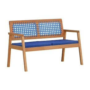 Sofá 2 Lugares-namoradeira Garden Madeira Maciça Assento Estofado Encosto Trançado Corda - Natural Acquablock Azul
