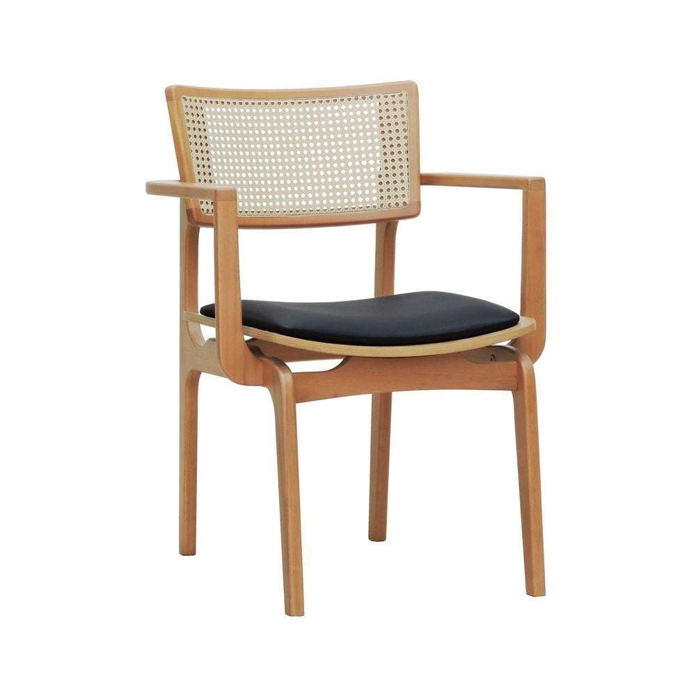 Cadeira Apollo Madeira Maciça Com Braço Encosto Telinha Assento Anatômico - Natural Estofado Corano Preto