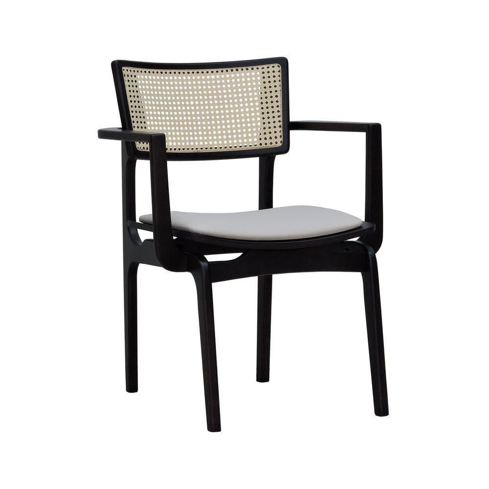 Cadeira Apollo Madeira Maciça Com Braço Encosto Telinha Assento Anatômico - Preto Estofado Corano Bege