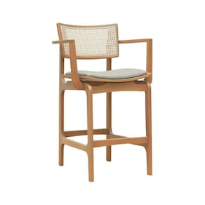 Banqueta Alta Bistrô Apollo Com Braços Encosto Telinha Natural E Assento Anatômico - Natural Estofado Linho Bege