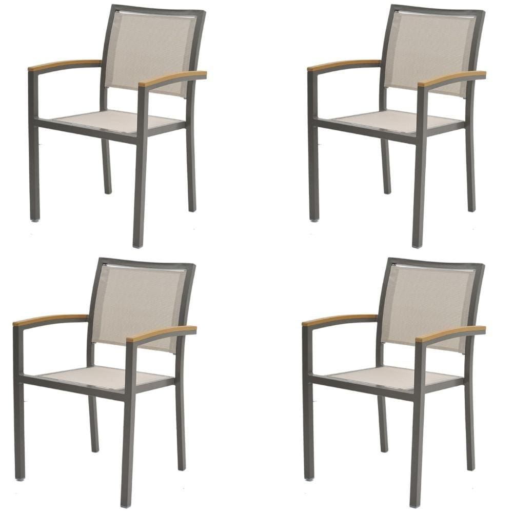 Kit 4 Cadeiras Maragogi Rivattis Em Aluminio Amêndoa Com Polywood Nos Braços Tela Mesh Bege