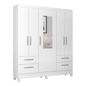 Guarda-roupas 5 Portas 4 Gavetas Com Espelho Multimóveis Cr35136 Branco Brilho Branco Brilho