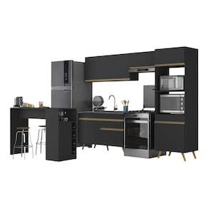 Armário De Cozinha Com Bancada-mesa Gourmet Veneza Multimóveis Mp2174 Preto-dourado Preto-dourado