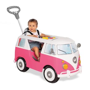 Carrinho de bebê a pedal com empurrador Kombina Rosa com aro protetor e cinto de segurança