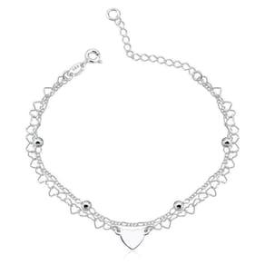 Pulseira Dupla Bolas 3mm E Corações Prata 925