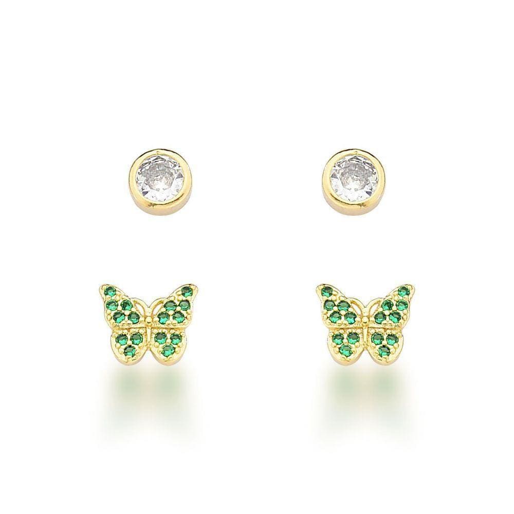Brinco Dupla Borboleta Verde E Ponto De Luz Banhado A Ouro 18k