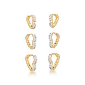 Trio Brincos Argolas Coração Cravejadas Banhadas A Ouro 18k