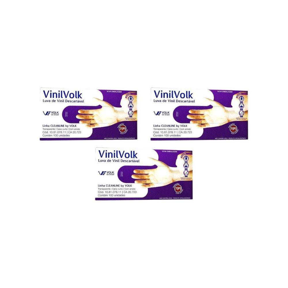 Luvas Vinil Volk Com 100Un Pequena Com Amido - Kit C/3Un