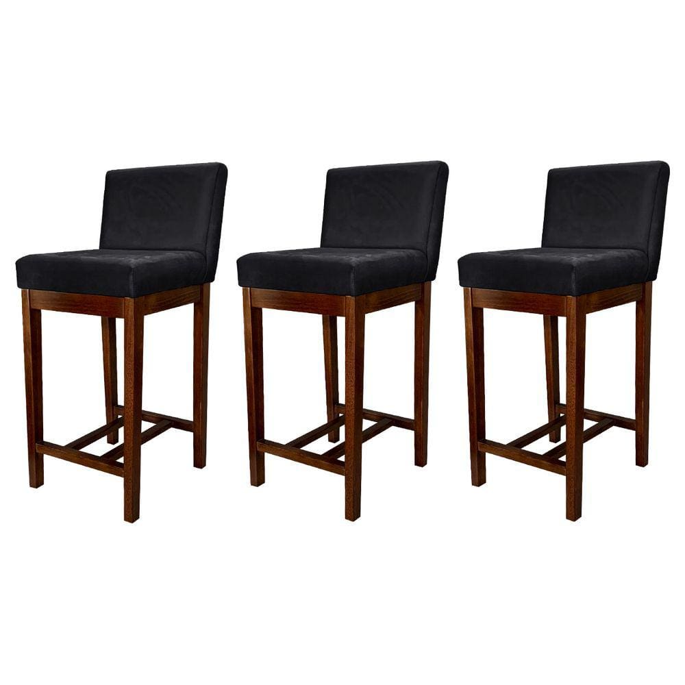 Kit 3 Banquetas Média Estofadas Lisboa Madeira Capuccino Suede Preto CCS