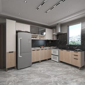 Cozinha Completa 8Peças C Vidro Reflecta Tampos E Sem Pia Stylo Luciane Móveis Cinammon-beige-cumaru