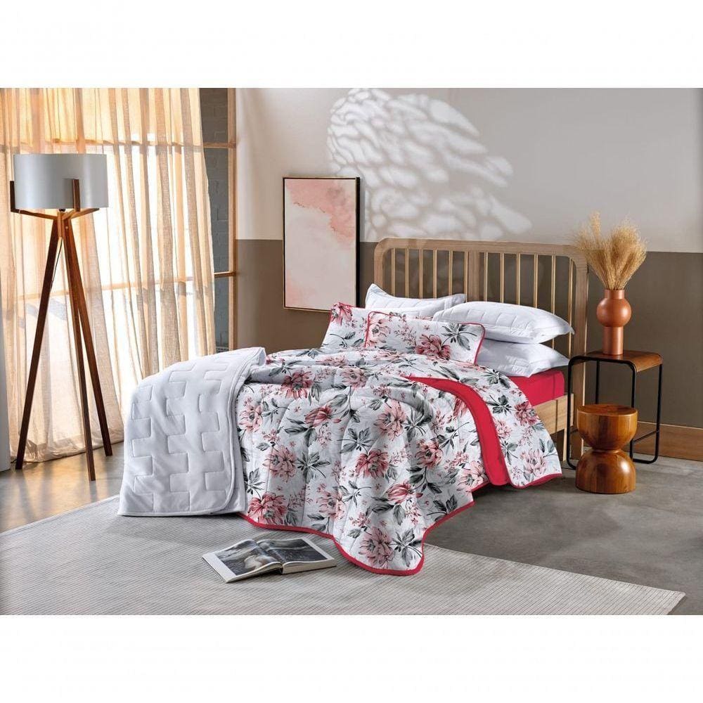 Kit Cobre Leito Casal 3 Pçs Em Malha Floral Vermelho