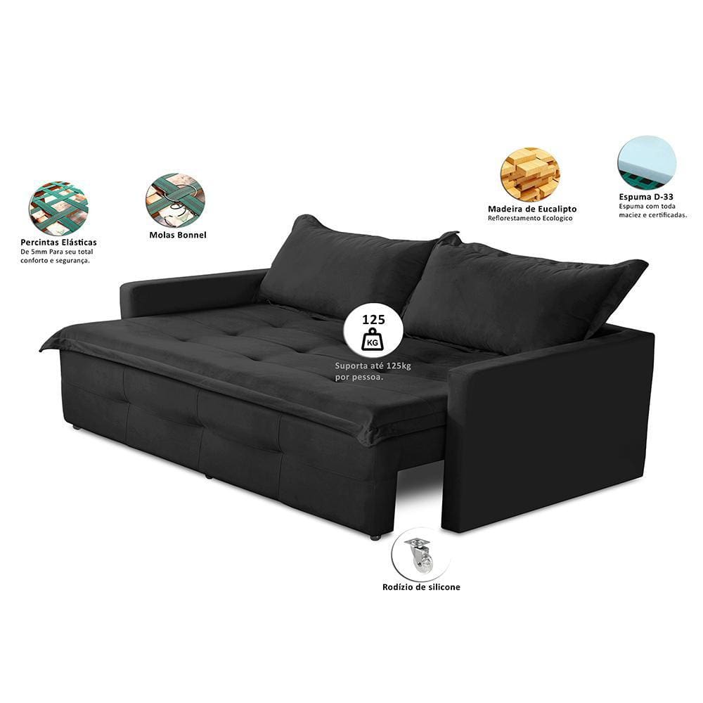 Sofá Sem Caixa Retrátil e Reclinável 2,00m com Molas Bianca Suede Preto Madelina Decor