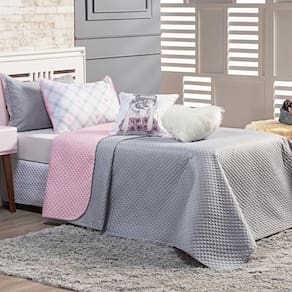 Kit Cobre Leito Influencer Cinza/Rosa Dupla Face com Almofadas SOLTEIRO 05 Peças