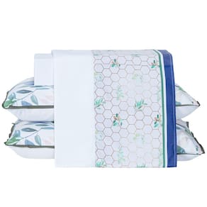 Jogo de Cama Lençol Floral Azul Marinho/Branco CASAL PADRÃO 04 Peças - Percal 200 Fios