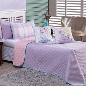 Kit Cobre Leito Vibes Unicórnio Lilás/Rosa Dupla Face com Almofadas SOLTEIRO 05 Peças