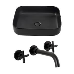 Kit Cuba para Banheiro Retangular Slim Cerâmica Fluorita e Torneira Duplo Comando de Parede Cariús - Preto