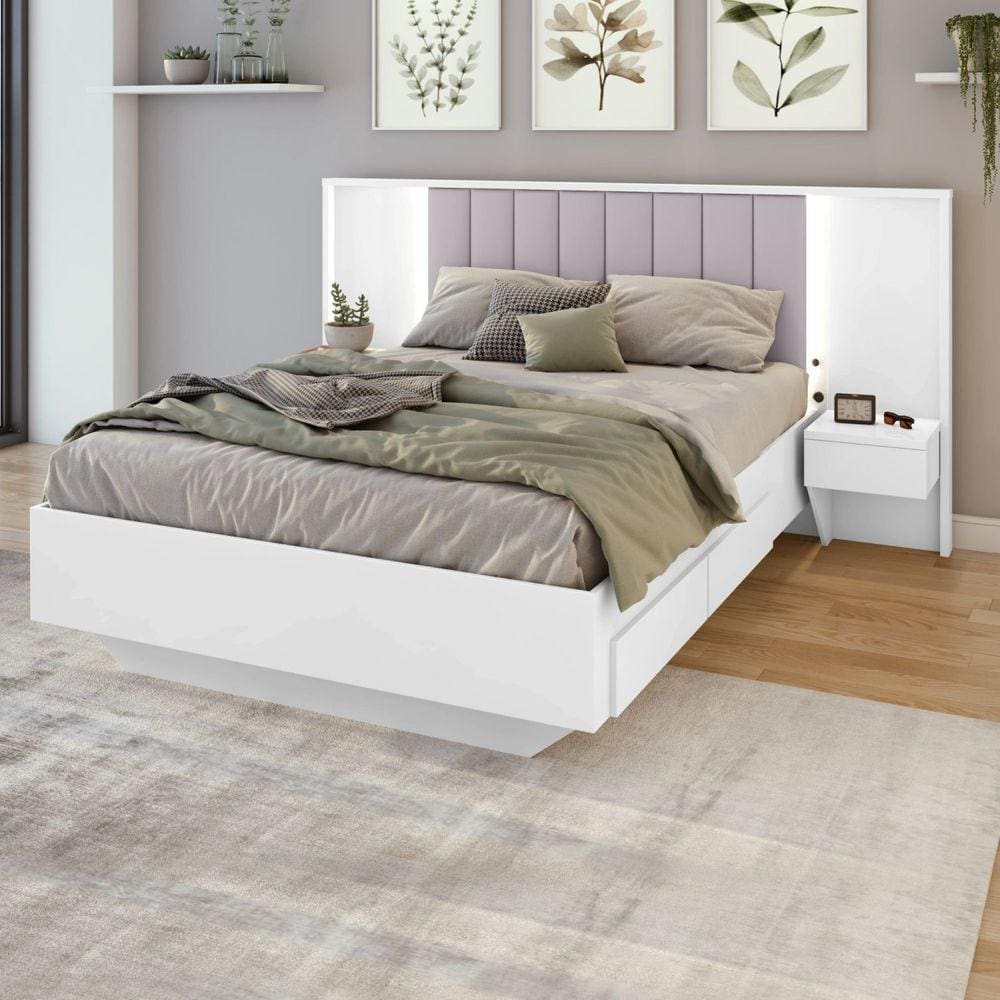 Cama Casal 140cm com Usb, Usb-c 2 Mesa de Cabeceiras Solaris Branco/Bege