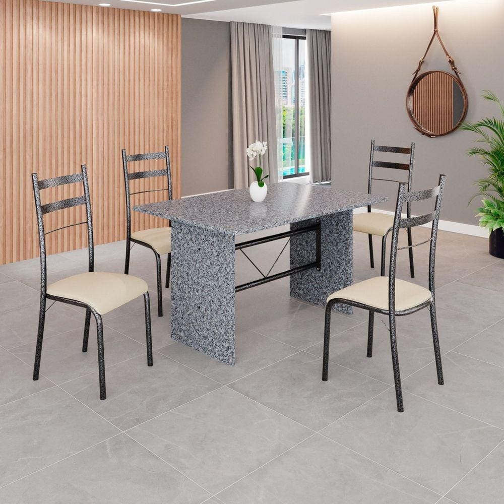 Conjunto Sala de Jantar Mesa Retangular 180x75cm Tampo Granito Ocre 8 Cadeiras Marselha Creme / Mart Prata